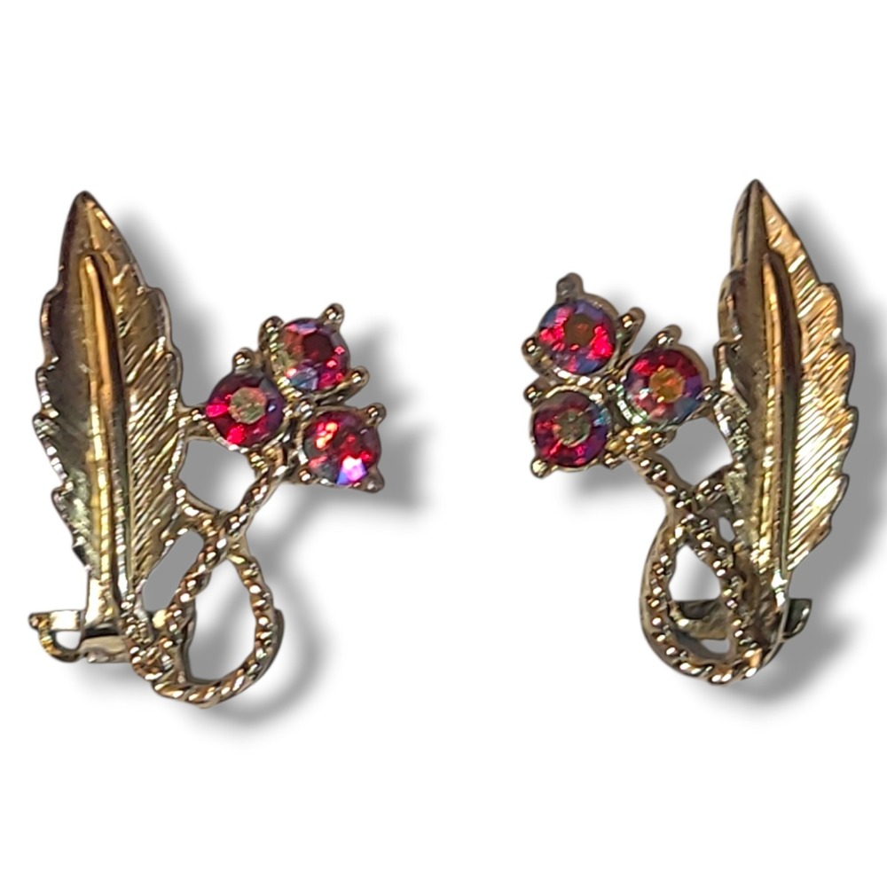 Vintage 50s 60s‎ Pink Aurora Borealis Rhinestone Flower Leaf Clip Earrings Gold